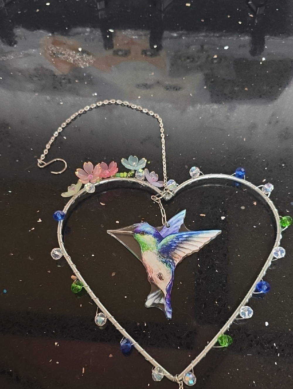 NWOT. Heart-Shaped Hummingbird Sun Catcher - Multicolor With Crystal Heart - Picture 5 of 8